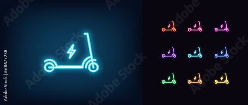 Outline neon kick scooter icon. Glowing neon Electric scooter silhouette, eco vehicle pictogram