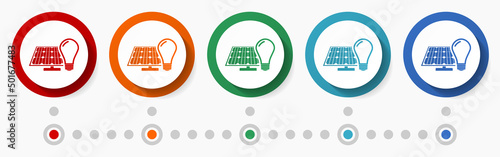 Solar, photovoltaic energy concept vector icon set, infographic template, flat design circle colorful web buttons in 5 color options