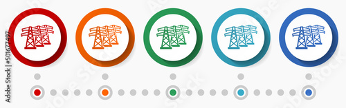 Power line, electricity concept vector icon set, infographic template, flat design circle colorful web buttons in 5 color options