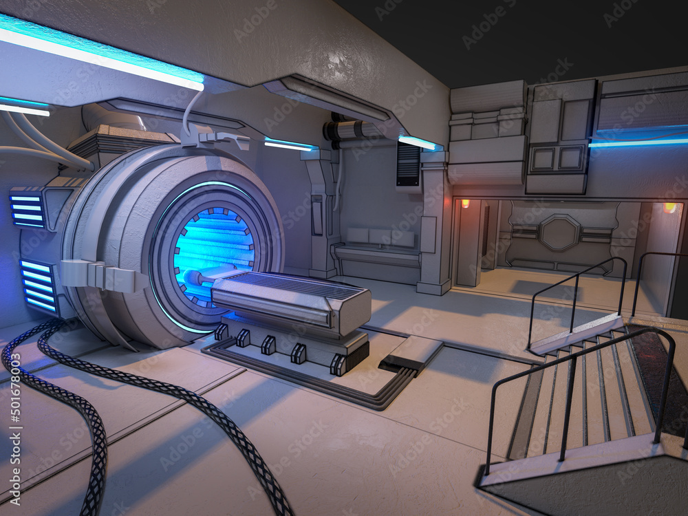 Naklejka premium Science fiction interior environment of technology laboratory on space ship 3d render of sci fi high tech futuristic room without people with glowing lights and reaktor turbine