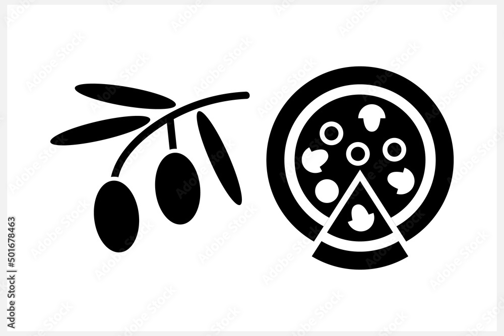 Doodle olive and pizza clipart. Branch with leaf and fruit isolated. Vector stock illustration. EPS 10 Doodle olive and pizza clipart. Branch with leaf and fruit isolated. Vector stock illustration. EPS 10