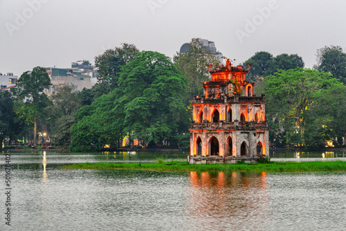 Awesome evening view of the Turtle Tower, Hanoi, Vietnam