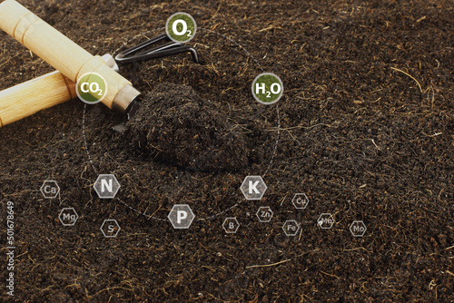 Close up fertile loamy soil for planting with 16 digital  nutrients icon which necessary in plant life, Plant Nutrients, Macronutrients,Micronutrients. Agriculture concept photo