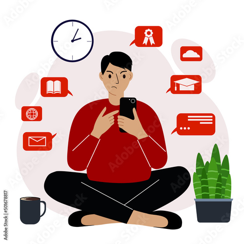 Online education, self-study. A man sits with a mobile phone and is engaged. Evil. Education icons set.