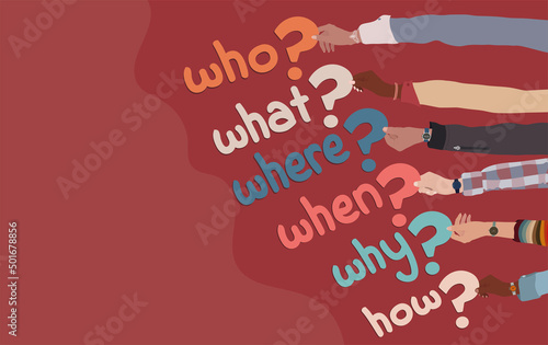 Multicultural people arms holding in hand colorful question marks with Who-what-where-when-why-how text.Investigate and solve questions. Problem solving - Brainstorming. Banner copy space