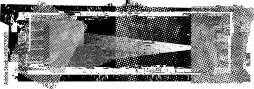 Glitch distorted geometric shape . Noise destroyed logo . Trendy defect error shapes . Glitched frame .Grunge textured . Distressed effect .Vector shapes with a halftone dots screen print texture.
