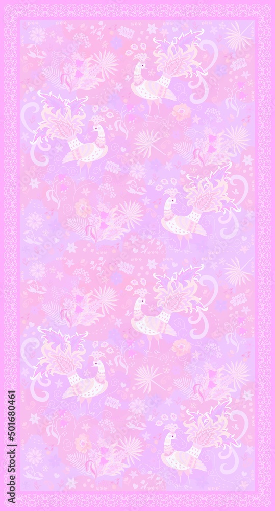 Delicate ornament for a scarf, pashmina, towel with fabulous peacocks, palm leaves, flowers in blush and pink colors in vector. Fashion accessory in vintage style.