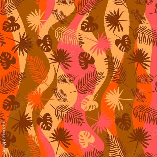 Bright vibrant print with palm leaves on a wavy background in vector. Fabric for a swimsuit  dresses in pink  orange  yellow  brown colors.