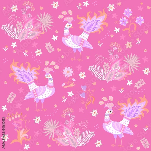 Delicate seamless ornament with hand drawn peacocks, flowers, tropical leaves on a pink background in vector. Natural print for fabric in vintage style. Russian, Indian folklore motifs.