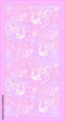 Delicate ornament for a scarf, pashmina, towel with fabulous peacocks, palm leaves, flowers in blush and pink colors in vector. Fashion accessory in vintage style.