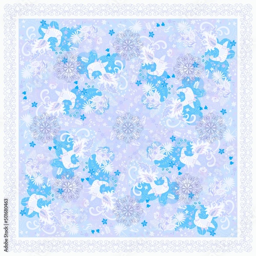 Beautiful winter print for a square scarf, a shawl with peacocks, flowers, leaves, clouds, snowflakes in cold soft lilac, sky blue colors with an openwork frame in vector. Fashion accessory.