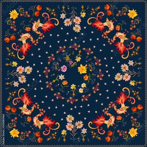 Funny print for a scarf, napkin, pillowcase with cute cartoon peacocks and garden flowers, leaves, roots on a dark blue background in vector. Fashion accessory for girls, children.