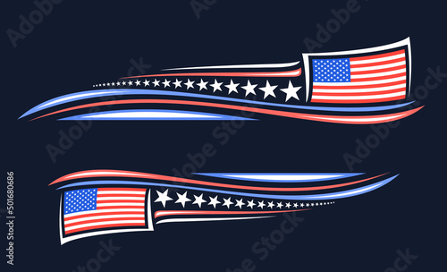 Vector border for American Holidays with copy space for congratulation text, banner with illustration of american flag, white festive stars, decorative wave stripes for us holidays on dark background