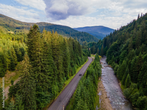 aerial view carpathian mountains road near river