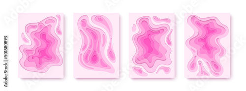 Vertical banners set of paper cut background in sweet pink color. Square artboard Abstract paper art shape. Vector design Wavy geometric liquid flow graphic.
