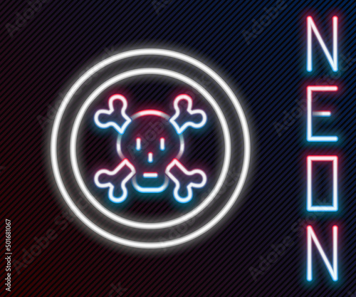 Glowing neon line Bones and skull as a sign of toxicity warning icon isolated on black background. Colorful outline concept. Vector