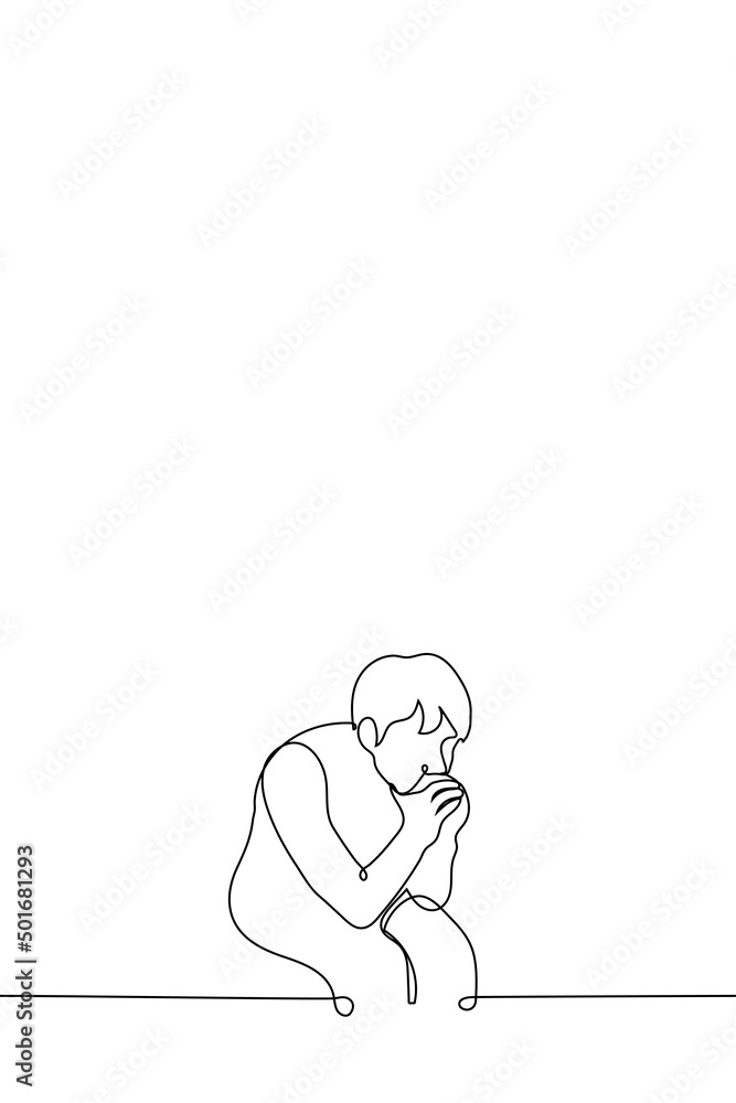 man sits cowering in thought or expectation - one line drawing vector. concept little man cornered
