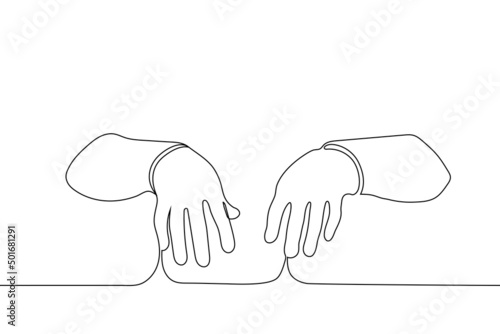 human hands with spread fingers in a relaxed state - one line drawing vector. zombie hand concept, tired hands, sore joints (arthritis)