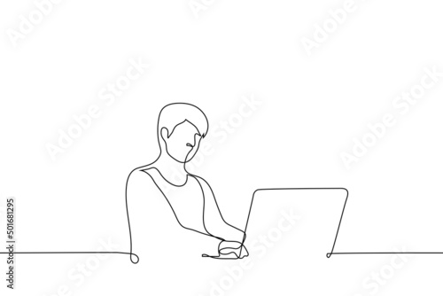 man typing on laptop keyboard - one line drawing vector. concept work from home, freelancer, coworking
