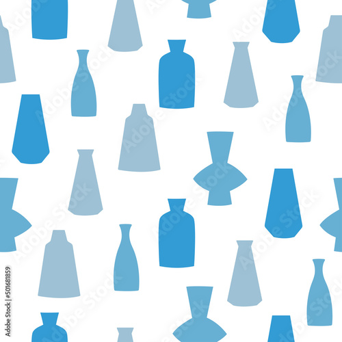 Seamless pattern of hand drawn vases. Clay pottery in blue colors on white background 