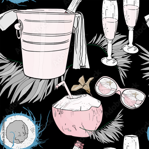 Vector seamless pattern tropical. Pattern champagne in a bucket, coconut, tropical leaves, champagne glasses, sunglasses for printing on textiles, designers, wrapping paper, clothes.