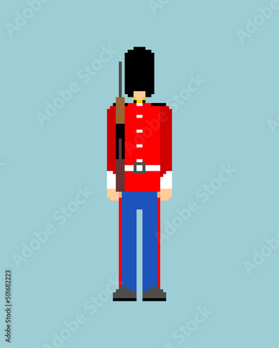 Beefeater British Royal Guardsman pixel art. 8 bit sentry grenadier in bear hat. pixelated Vector illustration