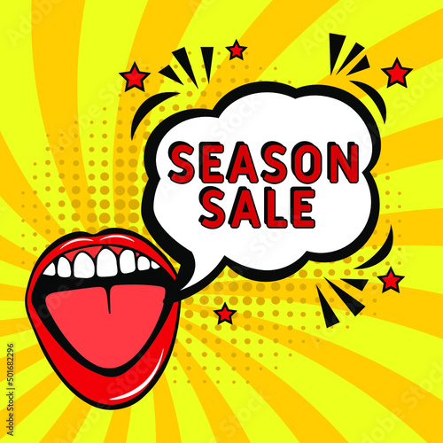 Comic book explosion with text Season sale, vector illustration. Season sale in comic pop art style. Comic advertising concept with Special offer wording. Modern Web Banner Element
