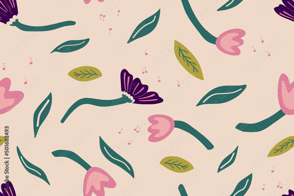 Obraz premium Floral contemporary seamless pattern. Modern field traditional plants print. Background for textiles, t-shirts, wrapping paper, wallpaper and more. Hand drawn vector illustration.