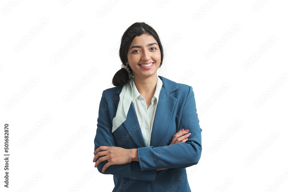 Young Venezuelan businesswoman smiling and looking at camera. Isolated over white background.