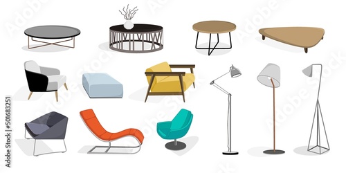 Modern interior furniture set armchair, lamp, sofa coffee table Vector illustration in flat style isolated