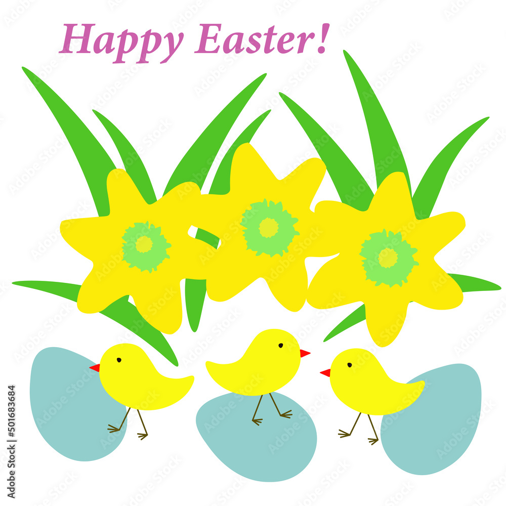 Easter card with daffodils, chicks, eggs. Happy easter greeting with yellow narcissus and cute chickens, vector eps 10