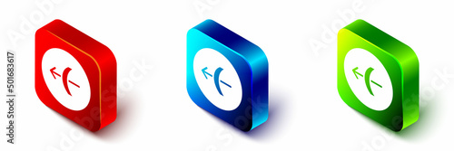 Isometric Sagittarius zodiac sign icon isolated on white background. Astrological horoscope collection. Red, blue and green square button. Vector