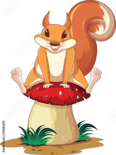 Cute squirrel sitting on big mushroom