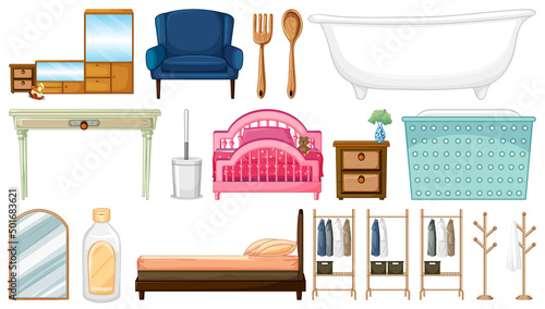 Set of furnitures on white background