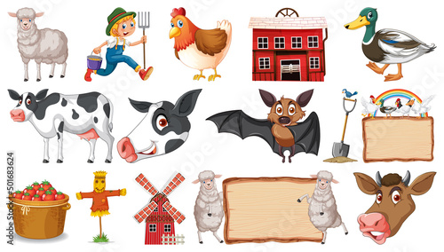 Set of farm animals on white background