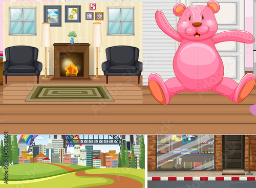 Four scenes of rooms and park