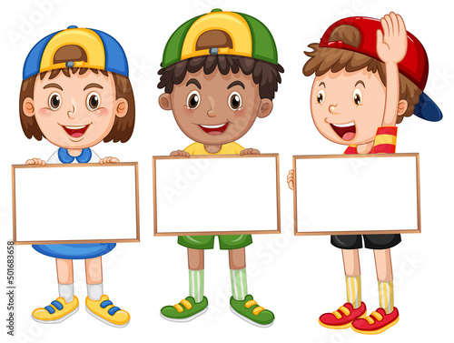 Three children holding blank whiteboard