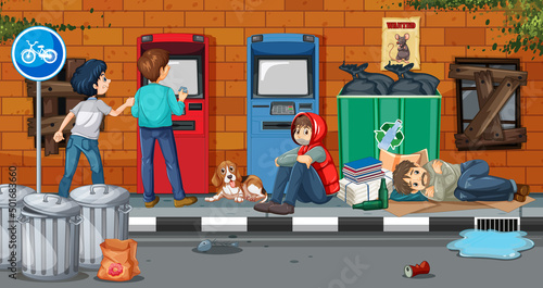 Outdoor scene with homeless people