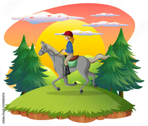 A girl riding on a horse at natural scene
