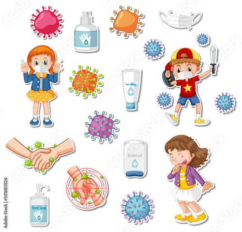 Sticker set of covid19 and cartoon characters