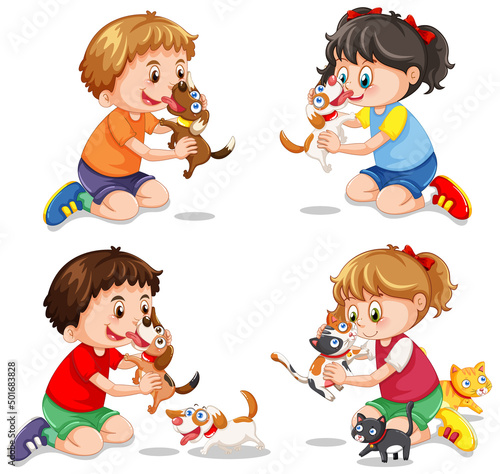 Set of children playing with their dogs