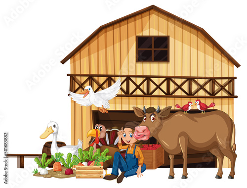 Many farm animals and farmer