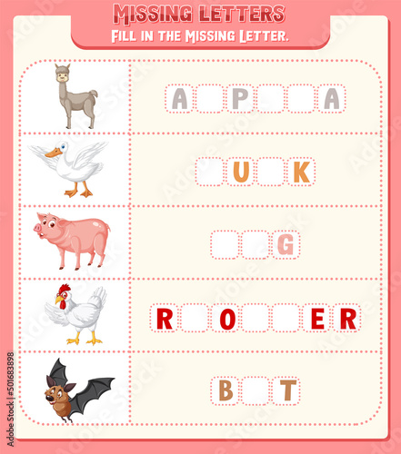 Fill the missing letter of each word worksheet for children
