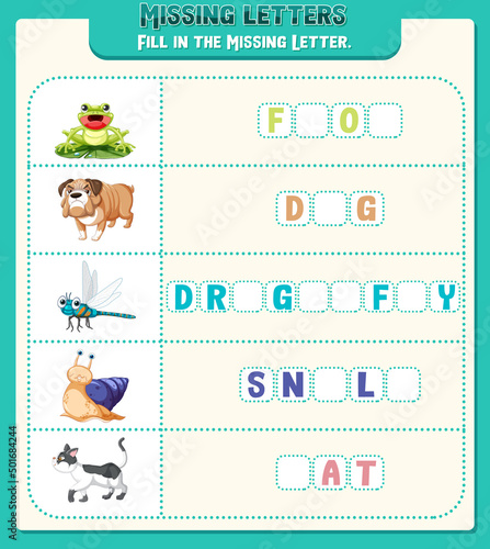 Fill the missing letter of each word worksheet for children