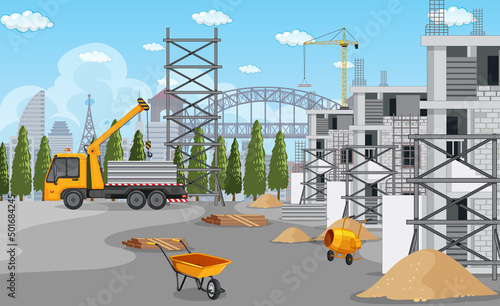 Cartoon scene of building construction site