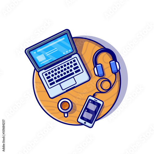 Laptop, Smartphone And Headphone Cartoon Vector Icon Illustration. Business Technology Icon Concept Isolated Premium Vector. Flat Cartoon Style