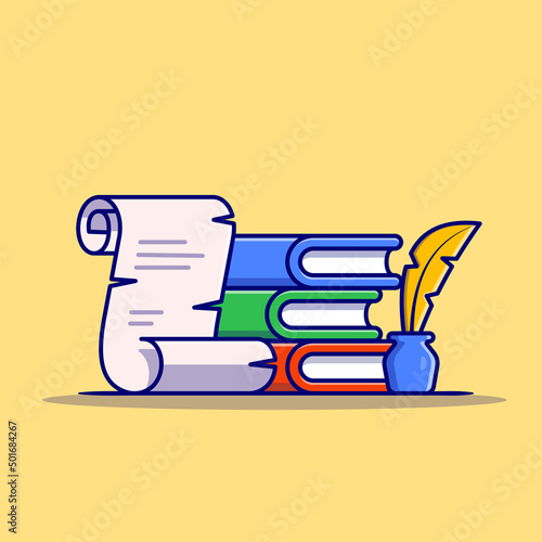 Book, Paper With Feather Pen And Ink Cartoon Vector Icon Illustration. Education Object Icon Concept Isolated Premium Vector. Flat Cartoon Style