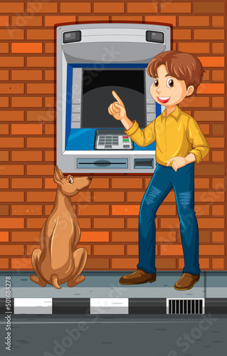 ATM on street scene with a man withdraw money
