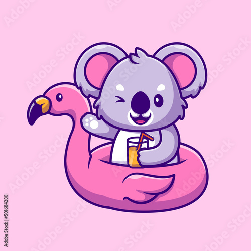 Cute Koala Summer With Flamingo Tires And Orange Juice Cartoon Vector Icon Illustration. Animal Food Icon Concept Isolated Premium Vector. Flat Cartoon Style