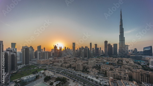 Dubai Downtown day to night transition timelapse with tallest skyscraper and other towers